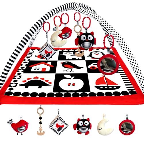 QUOKKA Padded Baby Gym Mat for Floor Tummy Time - High Contrast Baby Kick and Play Gym Mat - 6 Toys | Thick Pad | Machine Washable | Black White Red Colors for Vision Development