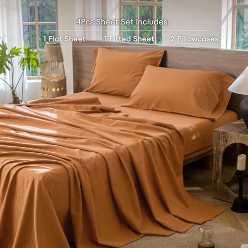 Image of MooMee Sheet Set 100% Washed Cotton Linen-Like Extra Deep Pocket Full | Relaxed Linen-like Texture. Soft, Breathable & Lightweight Comfort. 15-19 inch Extra Deep Pocket with All-around Elastic