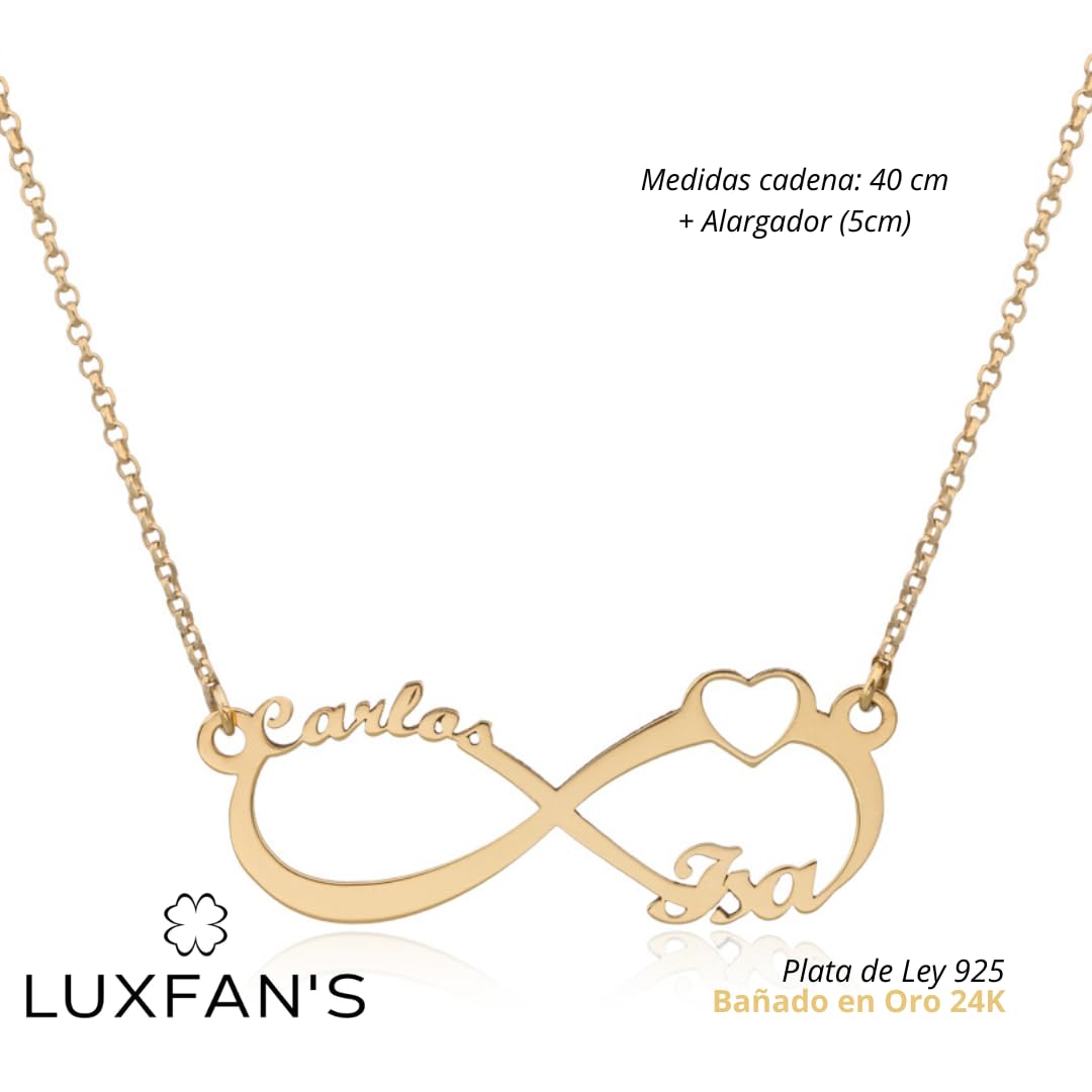 Collar Infinito Personalizado en Plata de Ley 925 para Mujer con Nombres Cadena de 40 cm + Alargador. Regalo para madres, abuelas en Cumpleaños, Navidad. Hecho en España (Infinito Corazón Oro)