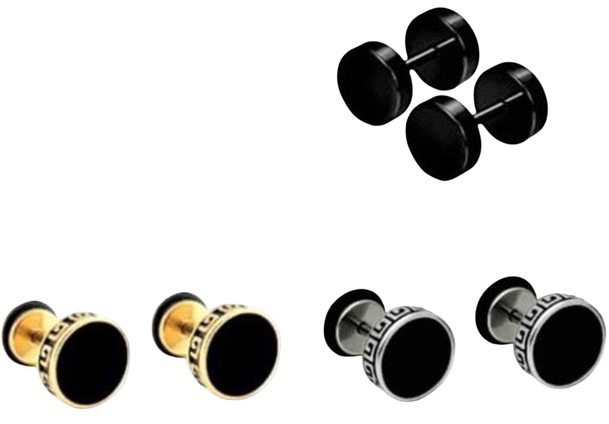 modeva "elevate your essence" Stylish Stainless Steel Stud Earrings for Men, Black Silver Gold Round Design, 3 Pairs Fashion Ear Plugs-picture-23