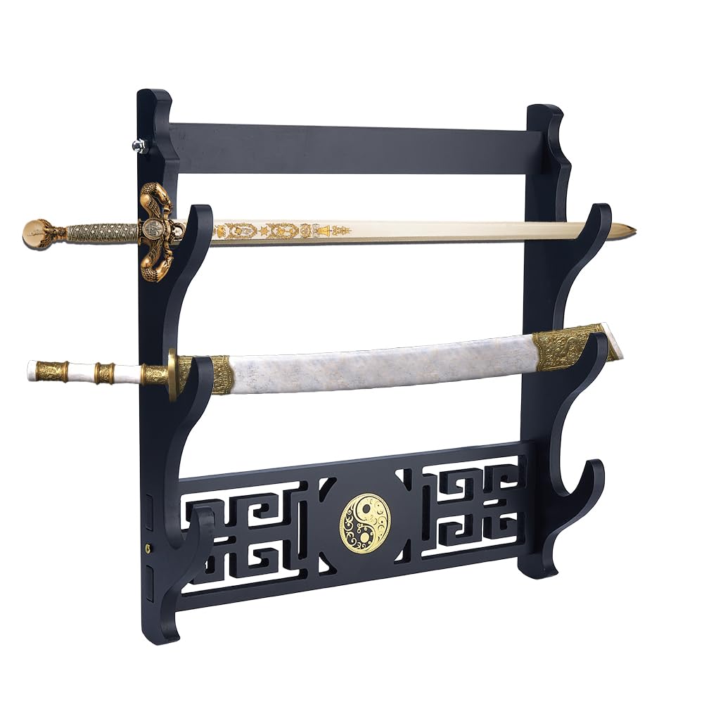 DICOSMETIC 3-Tier Sword Stand Katana Stand Wall Mount Wooden Samurai Sword Display Rack Black Swords Display Holder Wood Swords Racks for Home Decor Men Husband Gift