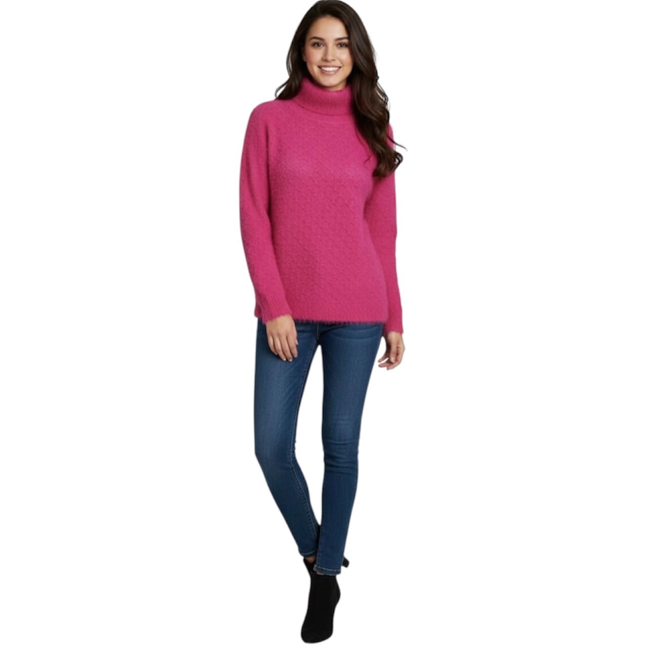 Women’s Bright Pink Turtleneck Sweater Soft Knit Patterned Pullover Long Sleeve S Bust 30 Inch-image-18