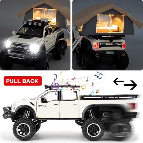Image of 1:28 Scale Ford Raptor F-150 Raptor Camping RV Toy Car | Metal Pullback Diecast Car for Kids with Openable Doors, Sound, Light Effects Toy for Car (Color As Per Available)