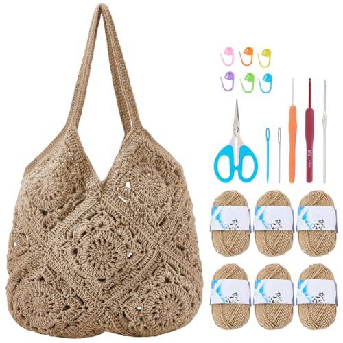 FREEBLOSS Kit de bolsa de crochê DIY para iniciantes com tutoriais em vídeo passo a passo, bolsa de ombro DIY, kit de crochê, projetos de artesanato para adultos para mulheres
