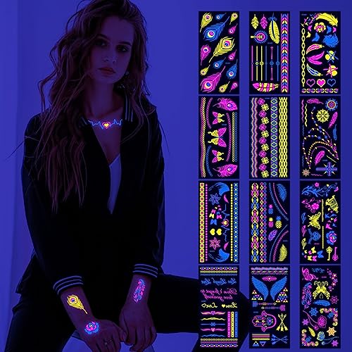 Ojos, Compra de libro digital 12 tamaños grandes Glow in the Dark Tattoos, tatuajes temporales - Adulto fluorescente UV neón cuerpo brillo y la cara a prueba de agua tatuaje pegatinas para...