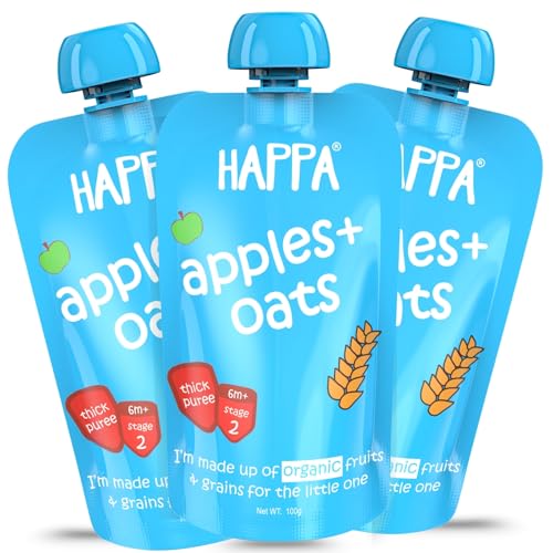 Image of Happa Organic Baby Food Apple and Oats Puree | 100% Fruits and Oats | No Added Sugar, No Milk Powder, No Preservatives | Stage 2 (6 Months+) | Ready to Eat | Free from Common Allergens | Pack of 3 (100g Each)