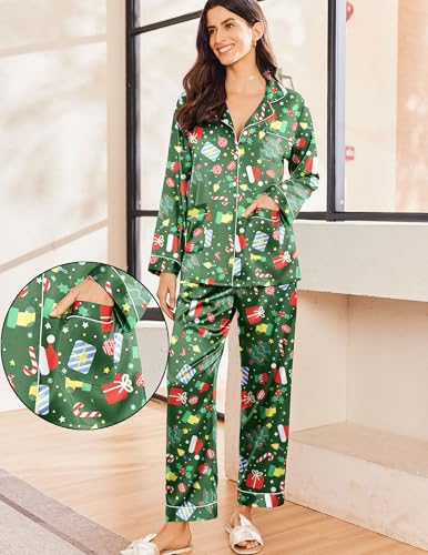 Image of Ekouaer Pajamas for Women Silk Satin Button Down Long Sleeve Pajama Sets