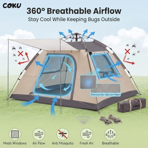 Image of Coku Automatic Camping Tent for 6 Person, Instant Pop-Up Waterproof Tent with UV Protection, Lightweight Portable Outdoor Tent for Camping, Hiking, Trekking, Beach & Travel