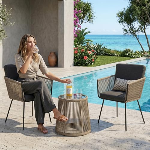 Image of BRISHI Garden Patio Seating Chair and Table Set Outdoor Balcony Garden Coffee Table Set Furniture with 1 Table and 2 Chairs Set Braid & Rope (Grey)