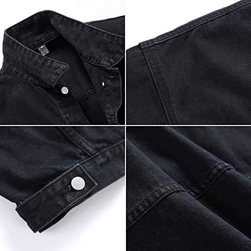 Image of PRIJOUHE Denim Jacket For Men Casual Loose Fit Jean Jackets Long Sleeve Button Down Trucker Coat Distressed Outerwear