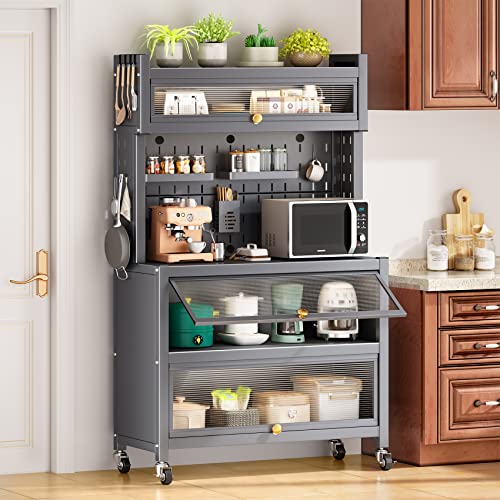 SNTD Kitchen Baker's Rack with Flip Door Cabinet, 5-Tier Microwave Stand Pegboard Accessories, Large...