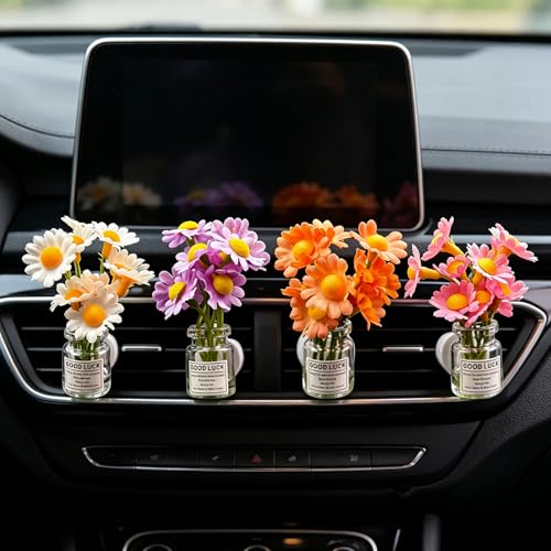 Image of Set of 4 Cute Flower Bouquet Car Air Freshener Vent Clips, Mini Artificial Flowers for Car Air Vent Decoration, Auto Interior Dashboard Ornament Accessories (Daisy)