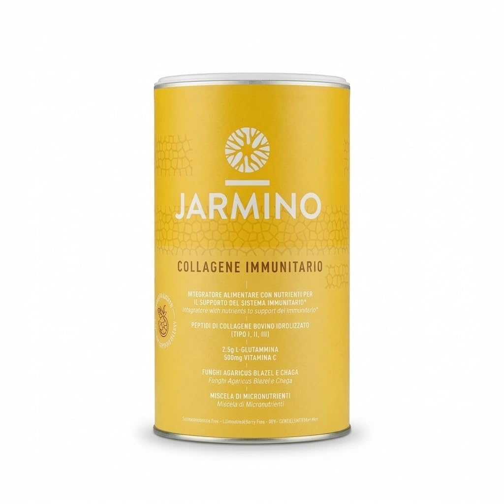 Idrolizzato di collagene con L-Glutammina - Rafforza il sistema immunitario | Vitamina C, D, Selenio, Zinco, Zenzero, Sambuco, Funghi vitali | 450 g di polvere di glutammina | JARMINO