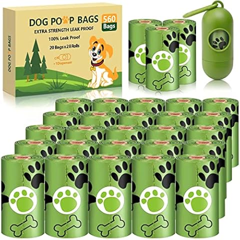 DONGQI Hundekotbeutel 28 Rollen (560 Tüten) mit Spender, Kotbeutel Biologisch aus Maisstärkebiologisch, Dog Poo Bags, wasserdicht, reißfest, extra groß, dick und stark Cover