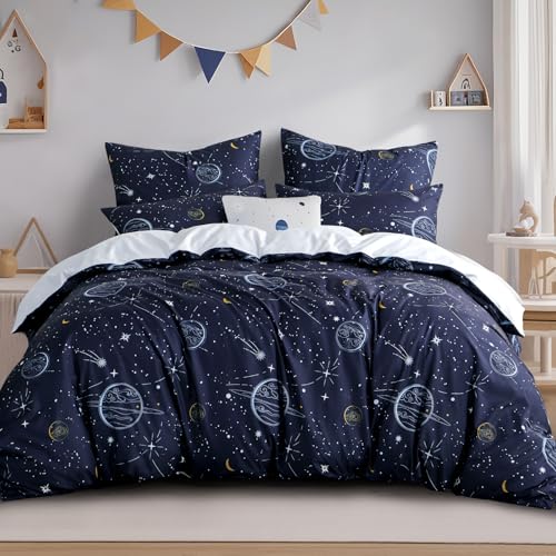 RUIKASI Bettwäsche 200x200 Stern Blau - 3teilig Weltraum Bettbezug...