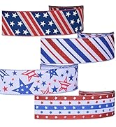 Meseey 4 Rolls Total 20 Yards Patriotic Ribbon Glittered Stripes 2-1/2 Inch Red White Blue Ribbon...