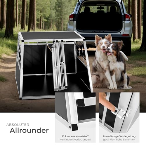 tectake® Doppel Hundebox Auto oder Hundebox für Zuhause. Aluminium XL Hundetransportbox, leicht und stabil, Auto Kofferraum Transportbox mit Trennwand für bis zu 2 Hunde - 97 x 90 x 69,5 cm