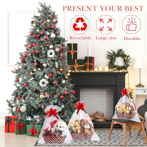 Image of Thenshop 44 Pcs Basket for Gifts Empty Gift Basket Bulk Include 12 Cardboard Tray 12 Plastic Bags and 20 Pull Bows for Christmas Fall Halloween Birthday Wedding Party DIY Wrapping(Stripe,Red, Green)