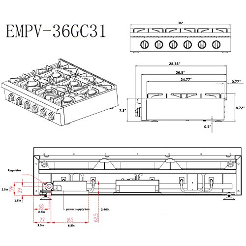 Empava 36 In. Slide-In Natural Gas Rangetop With 6 Deep Recessed Sealed Ultra High-Low Burners-Heavy Duty Continuous Grates In Stainless Steel, 36 Inch #TOP6