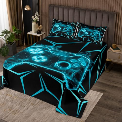 Teal Game Console Quilt Set for Teens,Geometric Diamond Modern Gamepad Print Bedspread Coverlet,Neon Video Games Bedding Set Decorative Quilted 2 Piece Coverlet Set with 1 Pillow Sham,Twin Size