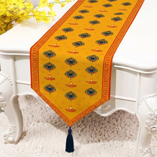 Image of Dining Table Runner -Diwali Indian Diya with Peacock Print Theme,Digital Print, Washable, Indoor /Outdoor, Heat-Proof, Wipe & Clean (135X33 cm) Yellow & Multi