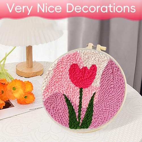 Image of PATPAT 20x20CM DIY Tufting Art Craft Kits Cute Pink Tulip Punch Needle Kit Embroidery Kit for Beginners DIY Hoop Embroidery Kit with Punch Needles, Hoop, Handmade Art Kits Gift for Kids Adults