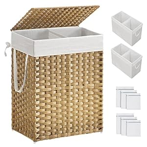 SONGMICS Laundry Hamper with Lid, 90L Clothes Hamper with 2 Removable Liner Bags, 6 Mesh Bags, Wicker Laundry Basket, Double Laundry Hamper for Bathroom, 13 x 18.1 x 23.6 Inches, Natural ULCB251N01V1