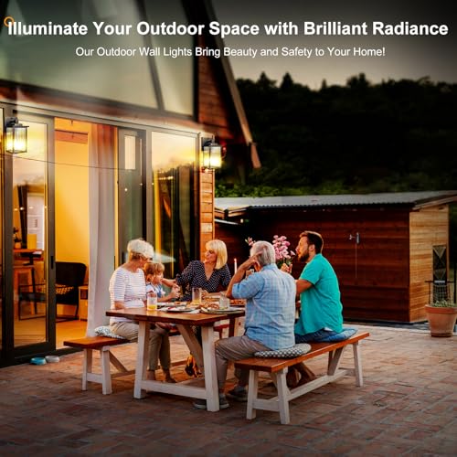 Image of 2 Pack Outdoor Wall Lights with Dusk to Dawn Sensor, Waterproof Exterior Lights for House Porch and Garage, Black Brush Gold Metal Wall Sconce with Textured Glass
