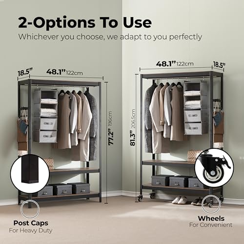 HOMEDANT Heavy Duty Boltless Rolling Garment Rack with Wheels Shelf Adjustable Metal Shelving Hanging Clothes Storage Portable Wardrobe Clothing Shelves Black 1 Rod