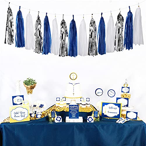 Image of Navy Blue White Silver Party Decorations,23pcs Kit Graduation 2026 Tissue Paper Pom Poms Streamers,Tassel Garland Banner Flowers,Men Birthday Bachelorette Baby Shower Christmas Decor Lasting Surprise