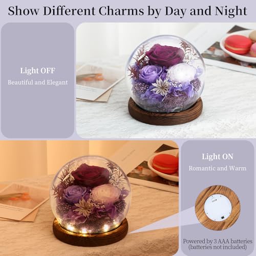 Emibele Mother's Day Eternal Rose Gifts for Mom, Preserved Real Rose in Glass Dome with LED Light for Decoration, Flowers for Delivery Prime, Gifts for Women Wife Her on Birthday Anniversary, Purple - Afbeelding 5