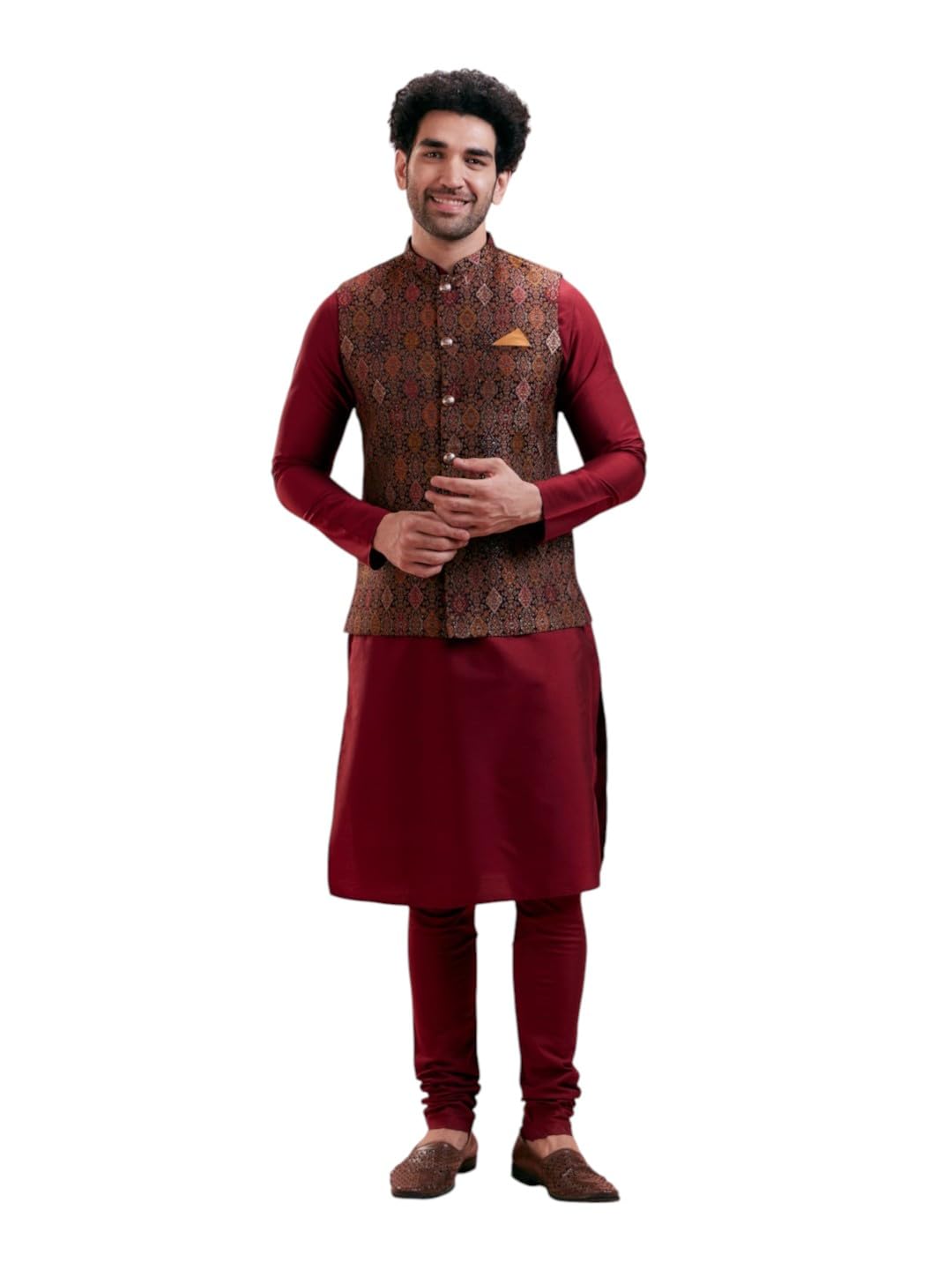 kisah Men's Kurta Jacket Trouser Set, Olive Jacquard, Woven Design Long Sleeves Regular Fit Mandarin Collar-picture-14
