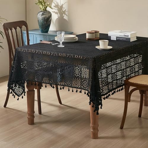Nappe florale noire 150x230 cm en polyester coton rectangulaire avec franges pour table