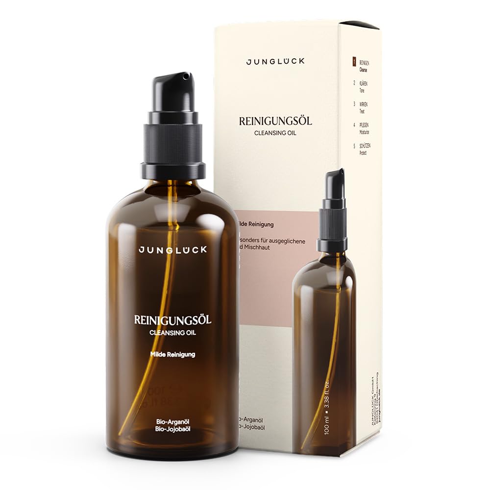 JUNGLÜCK Reinigungsöl Gesicht - Vegan | Natürliches Cleansing Oil mit hochwertigem BIO Arganöl, Jojobalöl & Rizinusöl | Gesichtsreinigung ohne Zusätze, Make-Up Entferner | Made in Germany