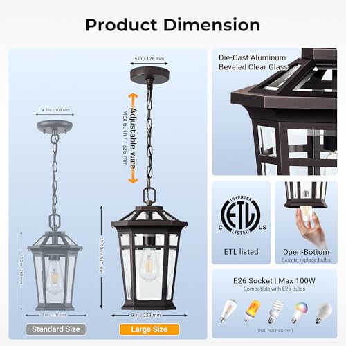 Image of VIANIS Large Outdoor Pendant Light, Oil Rubbed Bronze Outside Hanging Light