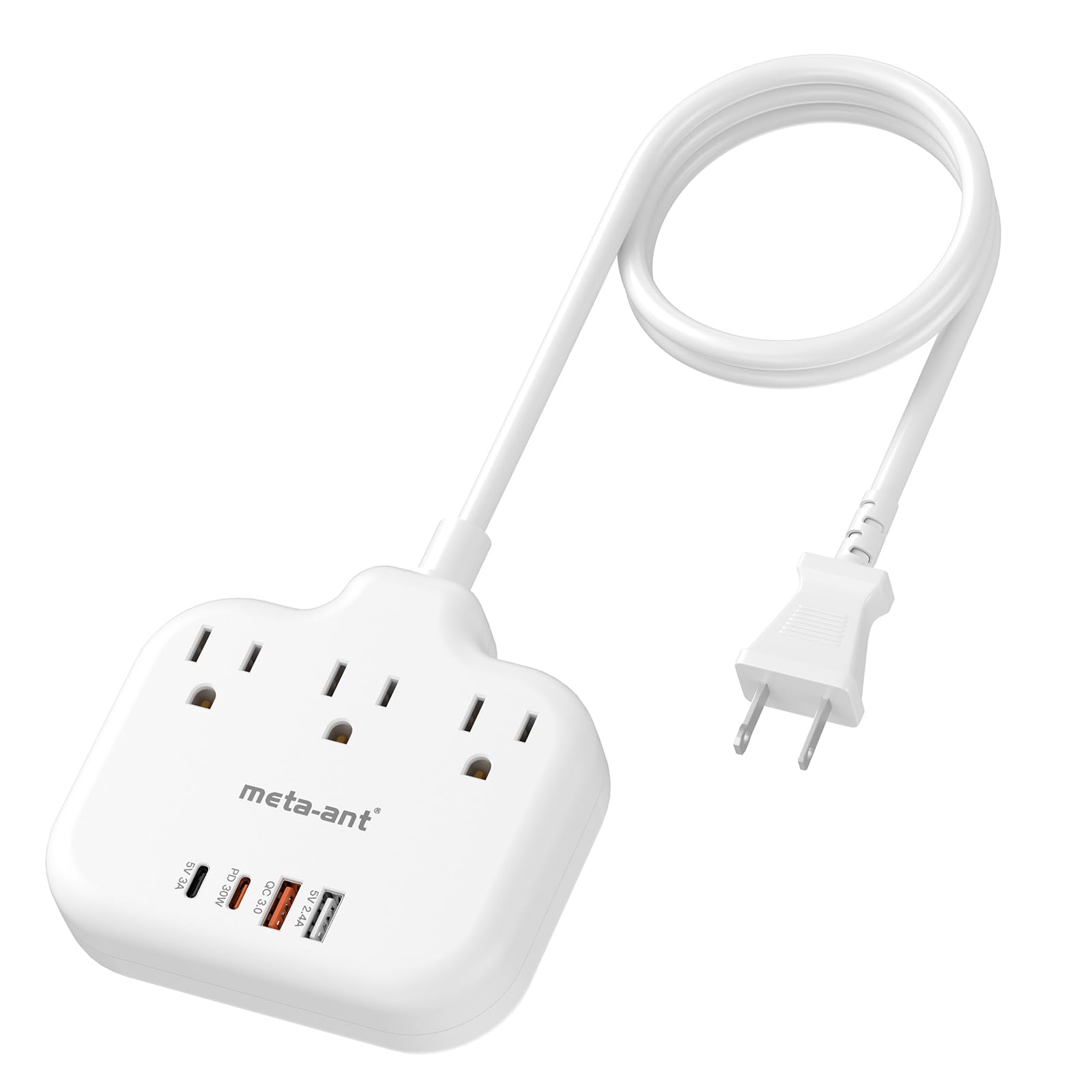 PD30W 2 Prong Power Strip with USB C, meta-ant 2 Prong to 3 Prong Outlet Adapter, Two Prong Power Strip with 3 Outlets & 4 USB(2 USB-C), 4ft Extension