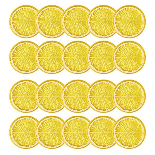 KINMINGZHU 20pcs Mini Simulation Fruit Lemon Slices，Fake Artificial Plastic Fruit Model Decorative Wedding Ornament Festival Decoration，Photography Props，Basket Display Filler Fruit (Yellow)