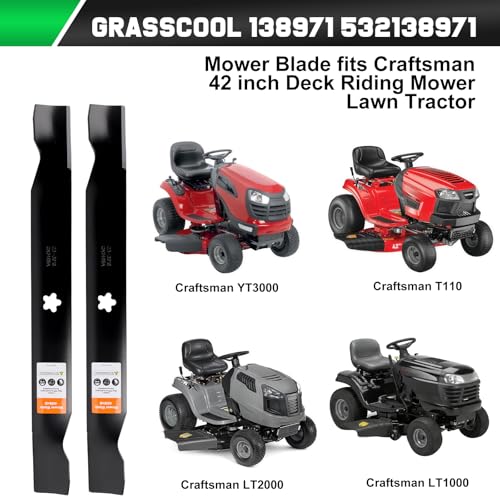 Image of Grasscool 138971 42 inch Deck Craftsman Mower High Lift Blades Replacement | Fit 532138971 Craftsman LT1000 LT2000 T110 YT3000 Parts,Zero Turn Lawn Tractor,5 Star Bagging Sharp Cuts Mows Side Discharge