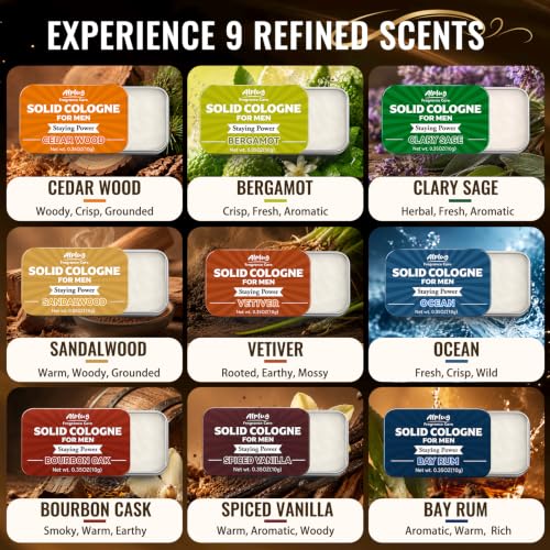 Image of 9 Pack Solid Cologne Gifts for Men, Mens Cologne Gift with Cedar Wood, Clary Sage, Vetiver, Sandalwood, Bergamot, Ocean Bourbon Oak, Bay Rum, Spiced Vanilla Perfume, Gifts for Men Who Have Everything