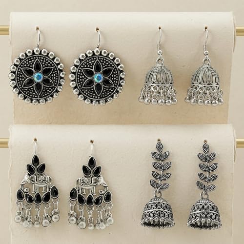 Image of Oxidized Earrings Set (12 Pairs) with Folding Jewelry Box - Traditional Jhumka, Stud & Dangler Earrings Combo for Women & Girls | Oxidised Ethnic Jewelry Gift Set for Birthday, Anniversary, Festive & Wedding