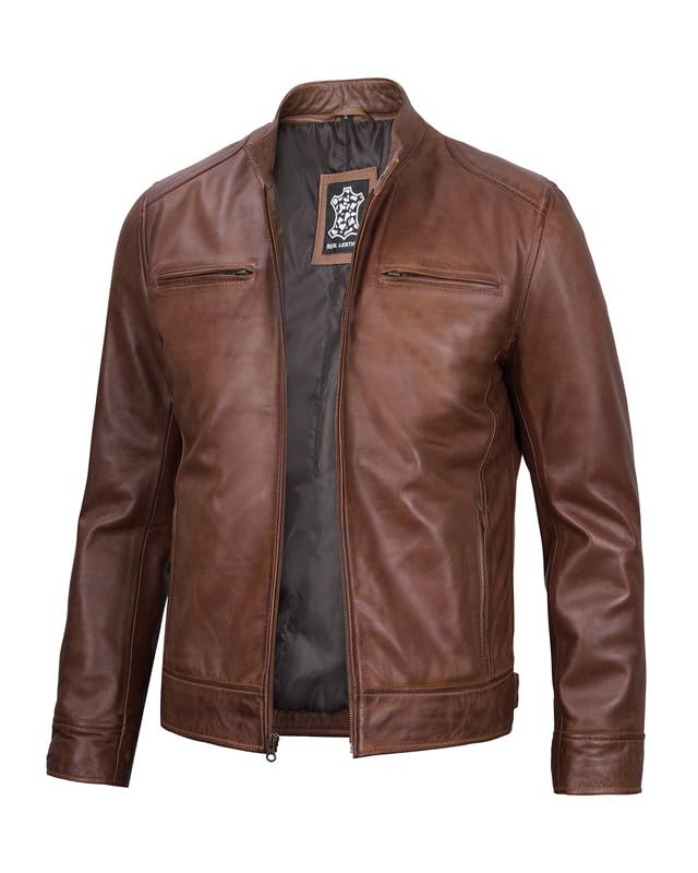 Image of Decrum Mens Leather Jacket - Cafe Racer Style Real Lambskin Leather Jacket Men