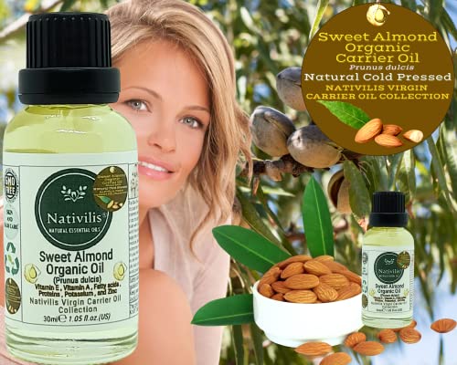 Nativilis Sweet Almond Organic Carrier Oil (Prunus dulcis) King of Nuts- Hair, Face & Skin Natural Cold Pressed