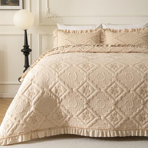 Image of BOV Beige King Ruffle Comforter Set, Vintage Farmhouse Quilt Bedding with Pillow Shams, French Country & Cottage Style Bedding for Shabby Chic Bedrooms, 92x96 Inches