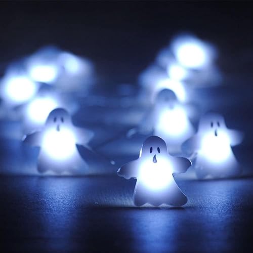 Guirnalda de luces de fantasmas de Halloween, funciona con pilas, 10 pies, 30 luces LED de hadas blancas frías con control remoto, decoración de