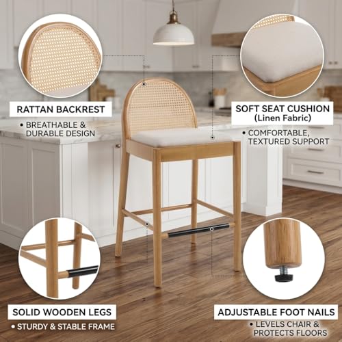 Set de 4 Bancos de Barra CIMOTA Rattan, 29 Pulgadas de Altura, Asiento de Lino Beige con Estructura de Madera Retro miniatura 5