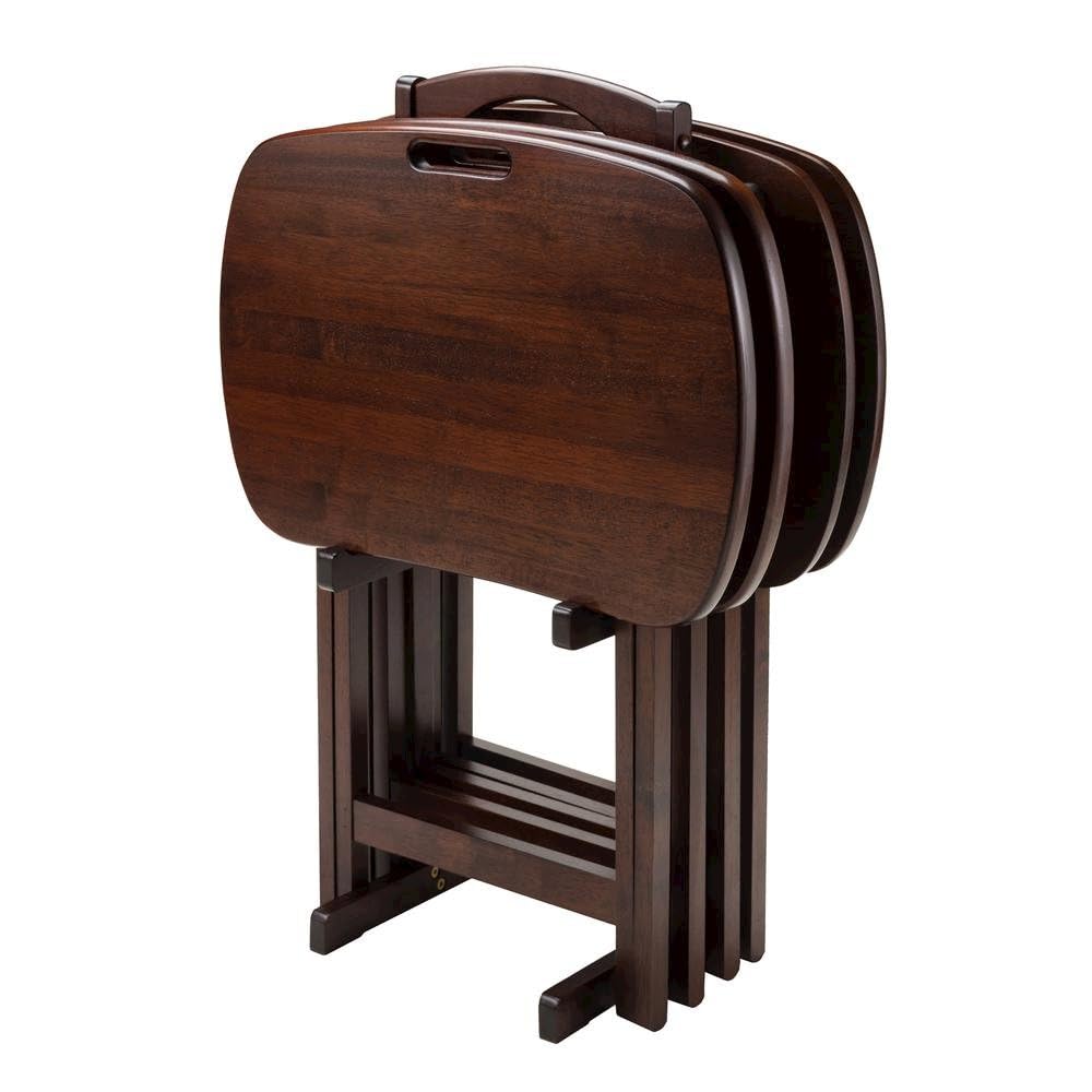 Furnifact Walnut Snack Table Set – Folding TV Trays with Stand for Dining, Working, and Serving – Space-Saving Table Trays for Any Living Room