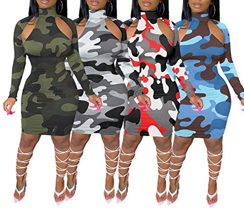 Voghtic Women's Sexy High Neck Long Sleeve Hollow Out Camo Print Party Club Pencil Mini Dress #TOP5