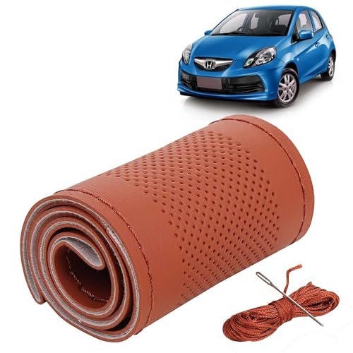 Image of KINGSWAY PU Leatherite Car Steering Cover Sewable Compatible with Honda Brio (Year 2011-2019), Tan Color with Tan Thread, Pack of 1 with Sewing Needle and Thread
