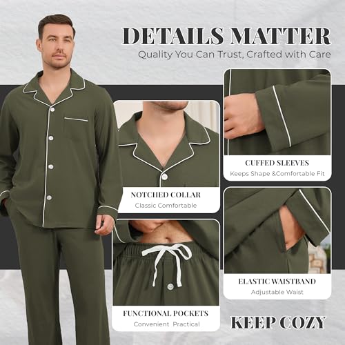 Image of U2SKIIN Mens Cotton Pajama Set, Soft Long Sleeve Pajamas for men Lightweight Button Up Sleepwear Lounge Pjs Set with Pockets