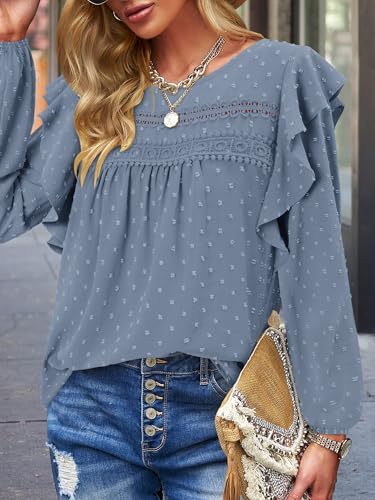 BETTE BOUTIK Womens Boho Fall Long Sleeve Shirts Crewneck Dressy Casual Blouses Trendy Flowy Tops